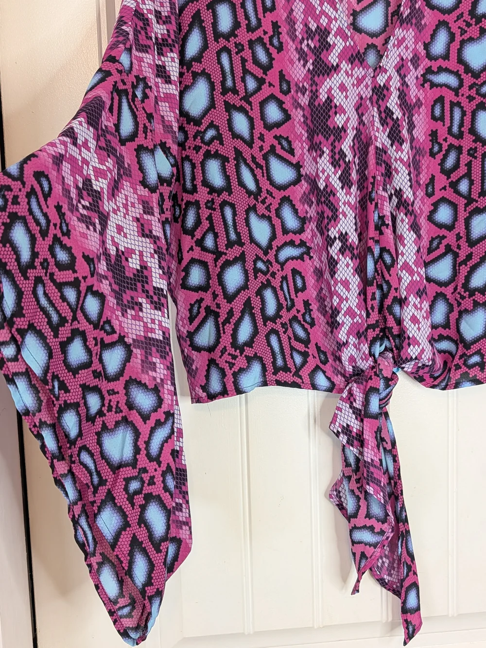 Peace Love Cake Bold Snake Print Patterned Tie Front Blouse Flared Sleeves